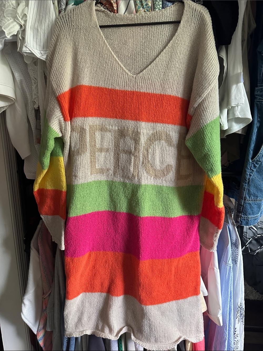 Warm Multicolor Stripe V-Neck Women's Sweater Beach Dress - never worn